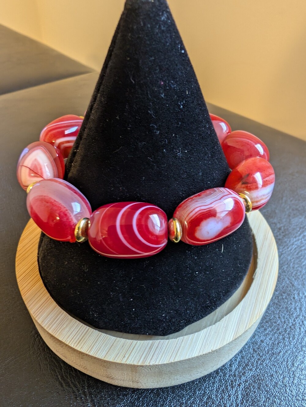 Red  Bead Stretch Bracelet - with Gold-tone Spacer Accents